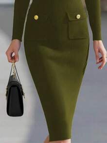 Autumn/Winter Women's Elegant Casual Knit Dress, Solid Color Slim Fit Flattering, Half-Zip Front, With Pockets, Fashionable Daily Commute Versatile Elegant Dress, Old Money Style, Women's Streetwear - Olive Green - View 4