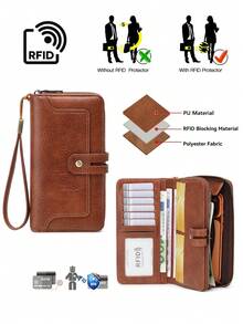 CHARM INFINITE RFID 防盗复古风女士多功能大容量卡包，可装信用卡/身份证/硬币/现金/收据，女士拉链按扣拼接手拿包，生日/周年纪念礼物，奶牛纹钱包，女士长款钱包，带腕带 - 彩色 - 查看 4
