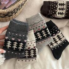2 Pairs Of Simple And Fashionable Mid Tube Socks, Fel Island Socks, Women's Plush Thick Autumn And Winter Christmas Tree Stockings, Retro Pile Socks, Warm Socks - 淺灰 - 查看 1