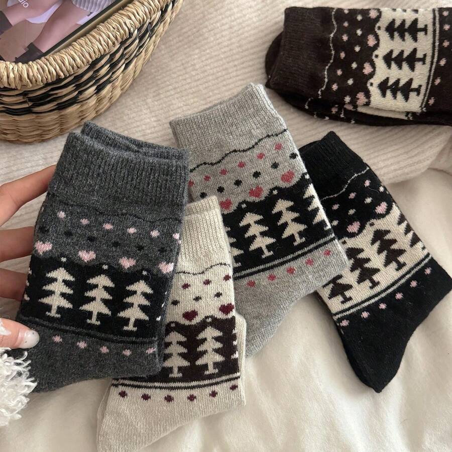 2 Pairs Of Simple And Fashionable Mid Tube Socks, Fel Island Socks, Women's Plush Thick Autumn And Winter Christmas Tree Stockings, Retro Pile Socks, Warm Socks - 淺灰 - 查看 1