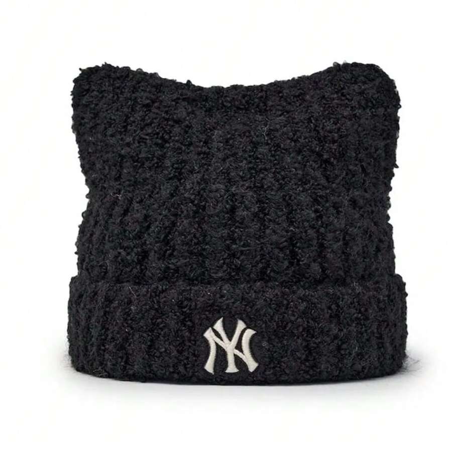 MLB Women Beanie Warm Winter Hats Embroidery Knitted Hat, Soft Knit Lazy Beanie For Women, Women Cat Beanie, Warm Cap Cute Cat Ears Knitted Hat Fall - 黑色 - 查看 1