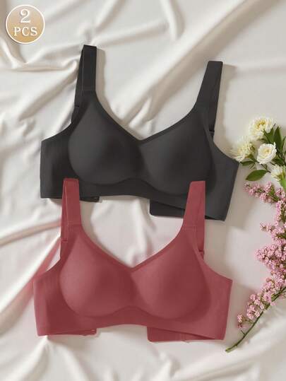 2件套简约舒适女士运动文胸，无钢圈，纯色