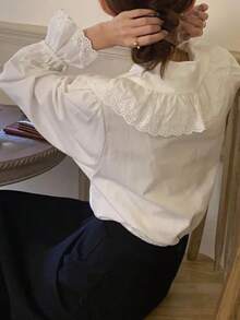 女士休闲复古衬衫，翻领灯笼袖宽松上衣，纯色梭织面料，前襟纽扣开合，优雅百搭，适合办公室、日常穿着，春夏白色 - 白色 - 查看 2