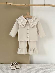 2件套幼儿女童蕾丝边彼得潘领卫衣和打底裤套装，春秋季 - 杏色 - 查看 6