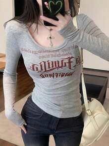 时尚美式街头风露肩字母印花修身长袖T恤，性感叠穿女装 - 灰色 - 查看 7