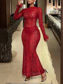 Women Sexy Red Leopard Print Long Sleeve Bodycon Maxi Dress For Party Club Night Out New Year Valentines Day - 紅色 - 查看 5