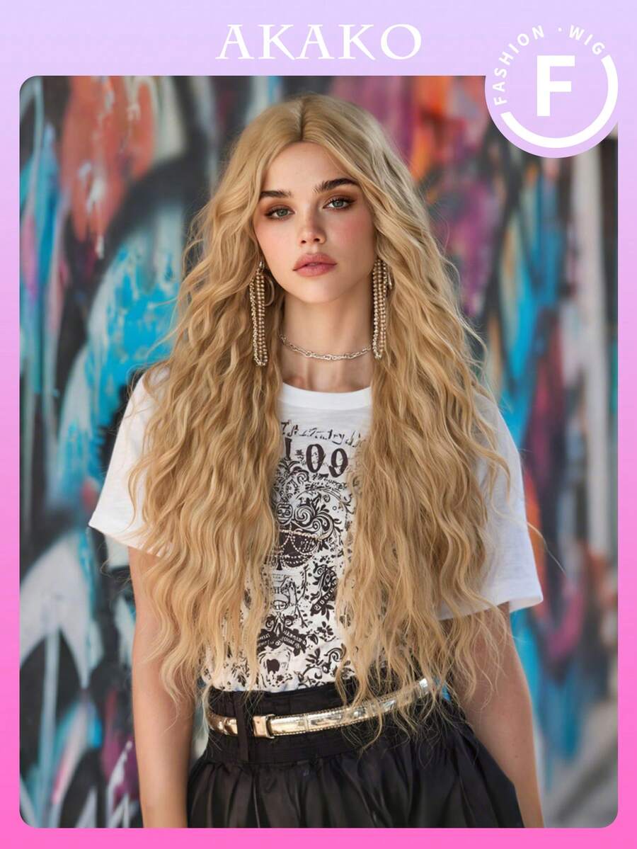 Long Wavy Curly Dusty Blonde Wigs For Women Synthetic Middle Part Without Bangs Wig, High Quality Heat-Resistant Fiber Costume Wig For Party Cosplay Wear, Masquerade Ball Wear, Music Festivals & Carnival Use 26 Inch - 金色 - 查看 1