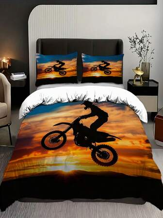 三件套被套组（1个被套+2个枕套，不含被芯），极限运动彩色扎染泥土摩托车印花床上用品套装，适用于卧室和客房