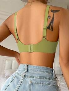 Women Solid Seamless Wire‑Free Bra, Mesh Splicing Detail, Adjustable Straps With Non‑Removable Pads, Supportive Comfort Everyday Underwear For Ladies - Lime Green - View 6