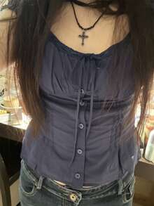 Women Lace Trim Y2k Coquette Shirt Cap Sleeve Button Down Slim Fit Fairy Crop Top For Teen Girls - 藏蓝色 - 查看 10