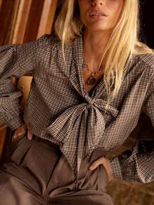 Women's New Autumn Collection & Best Selling Autumn Styles: Casual, Comfortable, Elegant, Retro Bow Plaid Button-Up Shirt, Checkered Tie-Front Blouse Spring - Brown - View 1