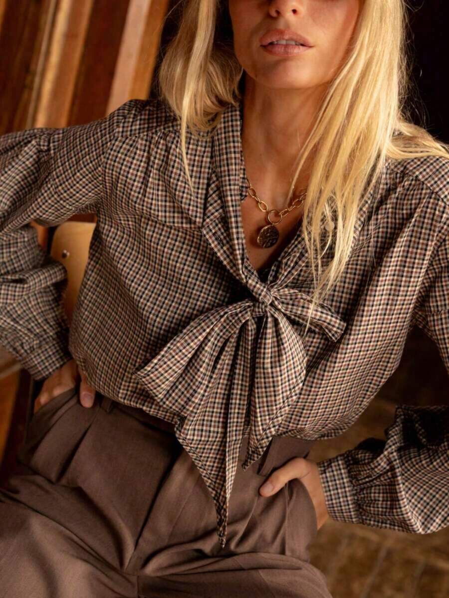 Women's New Autumn Collection & Best Selling Autumn Styles: Casual, Comfortable, Elegant, Retro Bow Plaid Button-Up Shirt, Checkered Tie-Front Blouse Spring - Brown - View 1