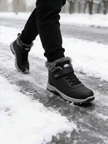 1 双男女通用雪地靴，户外运动保暖踝靴，适合秋冬季徒步旅行、露营和狩猎（女款紫色，男款黑色） - 黑色 - 查看 4