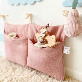 1个双口袋床边收纳袋，多功能婴儿推车婴儿床挂袋，印花奶瓶袋