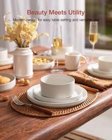 Richmount 12 Piece Stoneware Dinnerware Sets, Plates And Bowls Set For 4 - 霧面白 - 查看 3