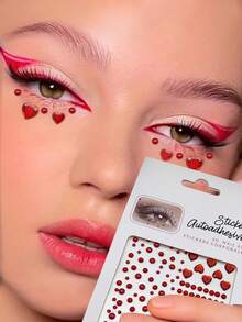 2片情人节红色心形脸贴，多颗粒圆形3D钻石脸部装饰，适用于节日派对和化妆舞会，头发、眼部、面部装饰钻石 - 彩色 - 查看 1