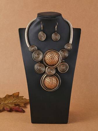 Exaggerated Multi-Layer Resin Pendant, Handmade Aluminum Wire Braided Beaded Necklace & Earrings, Fashionable Vintage Bohemian Style For Party, Wedding, Vacation