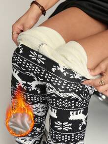 1pc Women's Snowflake Printed Thermal Lined Leggings, Thick Thermal Tights For Running, Workout, Fitness, Red Contrast Snowflake Pattern, Autumn/Winter - White - View 4