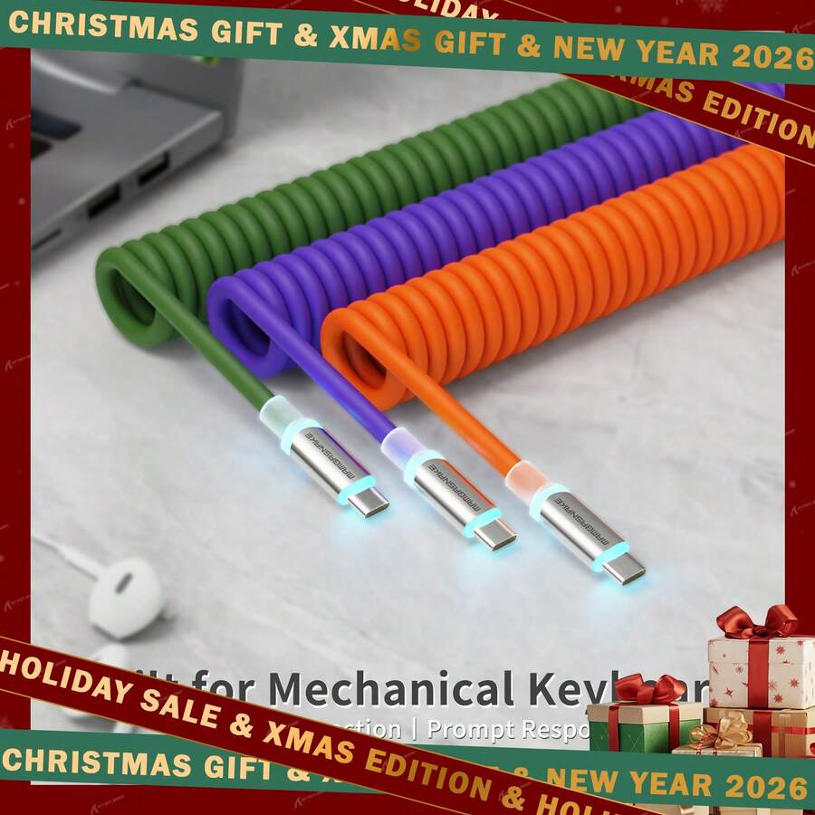 ATTACK SHARK MAMBASNAKE C01Ultra RGB 螺旋键盘线，专业定制 USB-C 航空插头线，适用于游戏键盘，双层编织设计，2 米 Type-C 转 USB-A 高速线缆，可拆卸金属航空插头，适用于 PC 游戏玩家，圣诞礼物、节日礼物、家庭礼物，紫色/绿色/蓝色/灰色/黑色/粉色/橙色/白色 - 彩色 - 查看 1