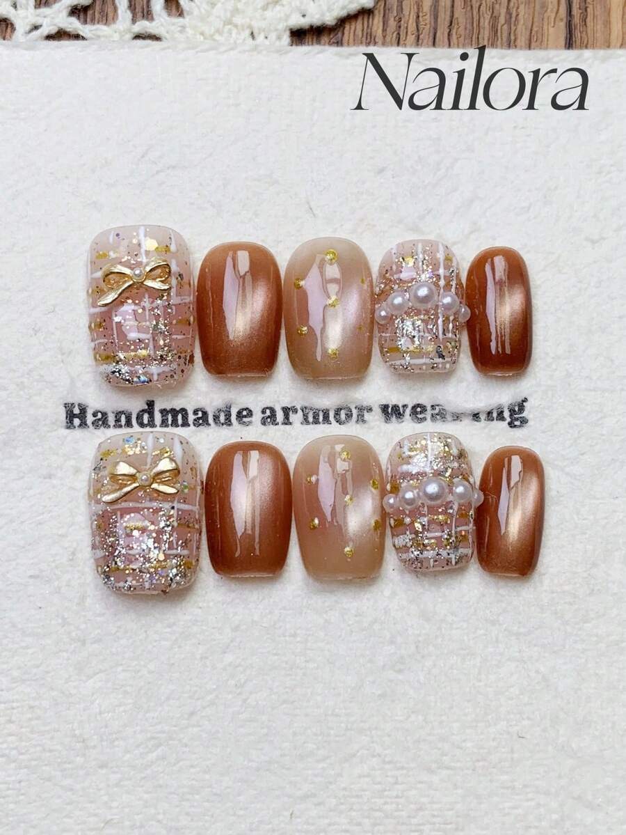 10pcs Handmade Nails Square Nails Press On Nails Short, Gentle Orange,Pink Nails Gradient, Flashy Cateye, Polka Dots Irregular Lines Gold Foil Nail Charms 3D Bow Pearl Inlaid, Simple Elegant Luxury Autumn Nails - Multicolor - View 1