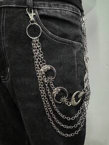 1件装多层男士裤链，时尚嘻哈男女通用裤链，配有月亮、太阳、十字架、骷髅吊坠，腰部配饰，街头派对佩戴，礼品首饰