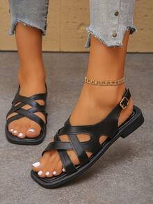 女士时尚厚底低跟夏季搭扣交叉凉鞋，适合居家、约会、度假、办公、户外用餐等场合。 - 黑色 - 查看 8