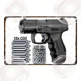 Letrero de metal vintage Walter P99 "Muy interesante" - Ideal para decoración del hogar, bar o garaje, 8x12 pulgadas, lámina de estaño duradera con diseño realista de arma, decoración de pared con armas