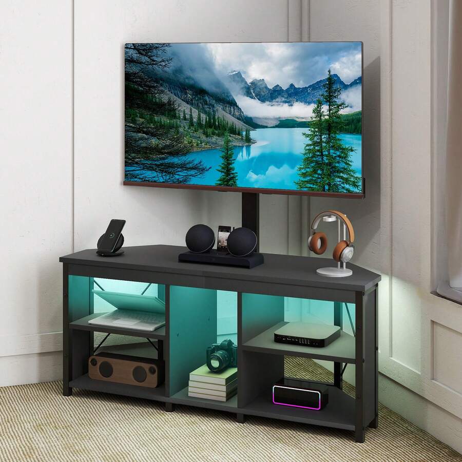 BALCONERA Corner TV Stand Cabinet With TV Bracket, LED Corner TV Unit For Up To 70 Inch TV With Mount And 5 Open Shelves - Black - View 1