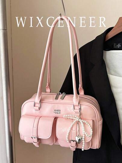 Women's Retro Solid Color PU Leather Shoulder Bag, Multi-Pocket Large Capacity, Comes With Detachable Pendant