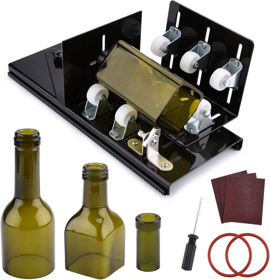 Cortador de botellas de vidrio, versión mejorada del cortador de botellas, botellas redondas, cuadradas y cuellos de botella, adecuado para botellas de vino, cerveza, whisky, champán-Negro - 1 - Ver 1