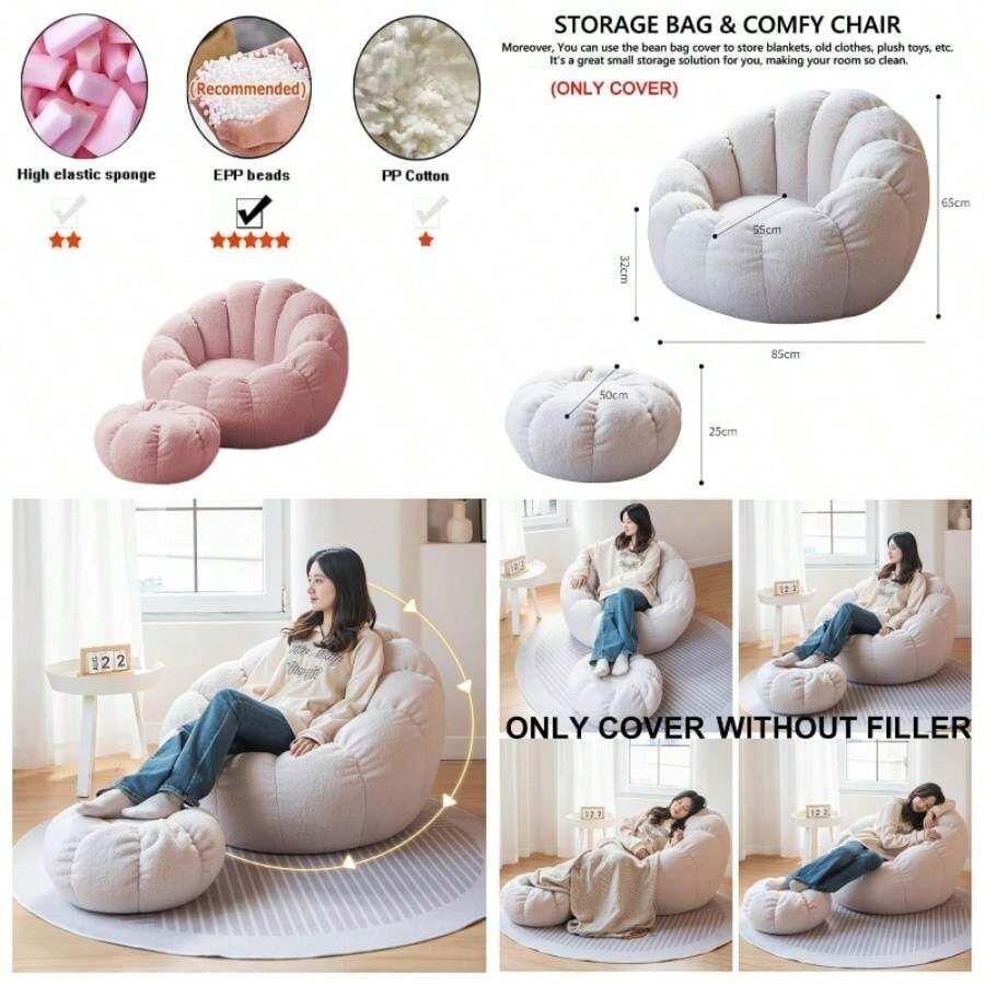 Puff Puf Silln Incluido Sof Funda de Silla de Puff Sin Relleno Adultos y nios, Decoracion Habitacion Juvenil, Funda de Puff Salon, White - Blanco - Ver 1