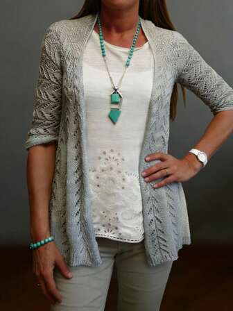 女士时尚宽松纯色轻薄蕾丝细节针织开衫，春夏款