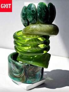 GNIT 1pc Elegant Retro Wide Resin Bangle In Green, Autumn Winter Sweater Accessory Geometric Pattern Elements, Orderly Textures And Fluctuating Curves - Green Pattern Series Bangle - View 2