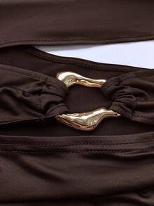 1 pieza Vestido de tela de punto elegante, vestido formal con manga larga, ajustado, fruncido y calado, sexy y encantador, color marrón café, adecuado para otoño, invierno, graduación, fiesta, boda, elegante, chic, primavera, lujo, Ramadán - Café - Ver 5