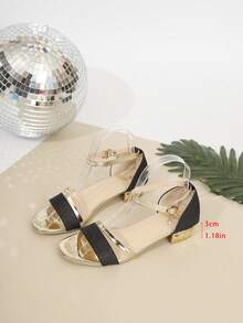 1 Pair Teens' Flashy Black Gold Silver Color Block Chunky Heel Sandals, Girls' Sweet & Edgy Open Toe High Heels, Student Party Date Outdoor Wear Teenage High Heel Sandals - Black - View 10