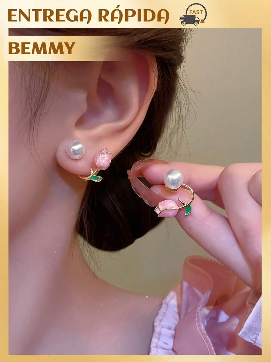 BEMMY Elegant Pearl Earrings With Tulip Flower, Suitable For Women To Wear Daily And At Parties. - 粉色 - 查看 1