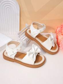 1 Pair Toddler Girls' White Bow & Pearl Accent Faux Leather Breathable Open-Toe Ankle Strap Flat Sandals Princess Shoes For Birthday Parties - White - View 2