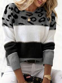 Women's Oversized Cute Colorblock Leopard Print Sweater, Casual Comfortable Ribbed Knit Crew Neck Long Sleeve Pullover Top - Multicolor - View 3