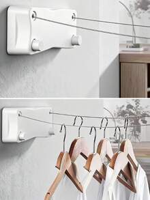 Tendedero retráctil de 5,2 metros, diseño de doble línea, perchero de pared para balcón sin taladros, adecuado para dormitorios, baños, balcones, jardines, etc. - Blanco - Ver 1