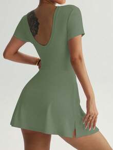 Rochie sport pentru femei, la modă, în aer liber, pentru yoga, alergare, pilates, naveta, întâlnire, plajă, esențială zilnică, elastică, sexy, confortabilă, casual, cu mânecă scurtă, fără spate, control al abdomenului, ridicare, modelare a taliei strâmte, vigoroasă, tinerească - Verde - Vizualizare 3