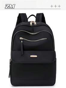 Mochila grande de nailon de unicolor acolchada y versátil para mujeres, mochila casual minimalista para estudiantes, bolso para ir al trabajo - Negro - Ver 11
