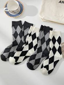 4 pares de calcetines de mujer con patrón de diamante en negro y blanco, simples y de moda, transpirables y que absorben la humedad, hasta el tobillo, adecuados para uso diario en primavera/verano - Multicolor - Ver 9