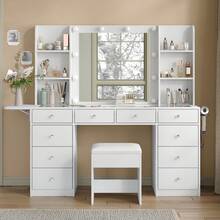 Yanosaku Vanity With Power Outlet, Vanity Desk With Mirror And 10 LED Lights, 10 Drawers Makeup Vanity With 6 Shelves, Fold-Up Panel, Vanity Table With Chair For Bedroom - 白色 - 查看 12