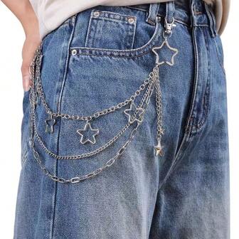 Silverstjärna flerskiktskedja med byxor, punkig jeanskedja i gatustil, hiphop-plånbokskedja med stjärnhänge för män och kvinnor, moderiktig metallbälteskedja för jeans, shorts och kjolar, dekorativa kedja för streetwear-accessoarer