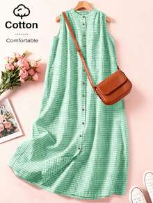 Women's Spring/Summer Sleeveless Plaid Casual Dress, Button Front Loose Fit Sundress, Country/Boho Style, Vacation Outfit, Business Casual Elegant - Green - View 7