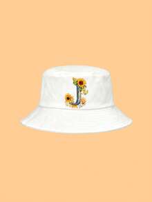 儿童白色彩色向日葵字母图案遮阳帽，26个字母可定制，时尚优雅多功能轻便防紫外线渔夫帽，适合作为生日/节日礼物，男孩/女孩户外日常、钓鱼、徒步旅行、休闲、上学等场合佩戴。 - 白色 - 查看 24