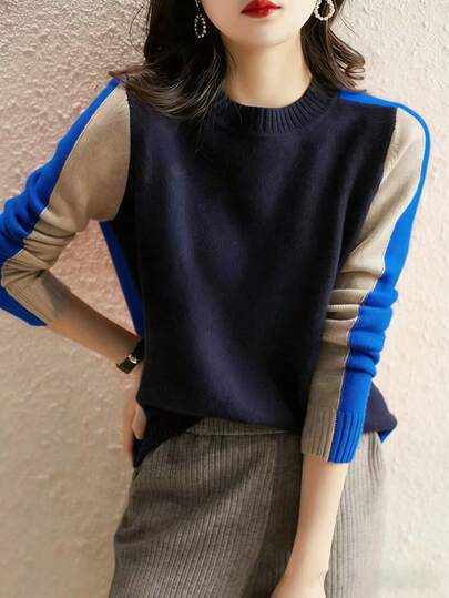 เสื้อสเวตเตอร์คอกลมสีตัดกันแฟชั่น (บาง) สีฟ้าสำหรับผู้หญิง, ฤดูใบไม้ร่วง/ฤดูหนาวใหม่ลำลองอเนกประสงค์ลายทางตัดกันโพลีเอสเตอร์ลายทาง