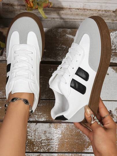 Women's Spring/Autumn New Waterproof Non-Slip Round Toe Low-Top Casual Shoes, Flat Comfortable Versatile Small White Shoes, Color Block Sports Casual Shoes, Retro Fashionable Sneakers, Suitable For All Seasons