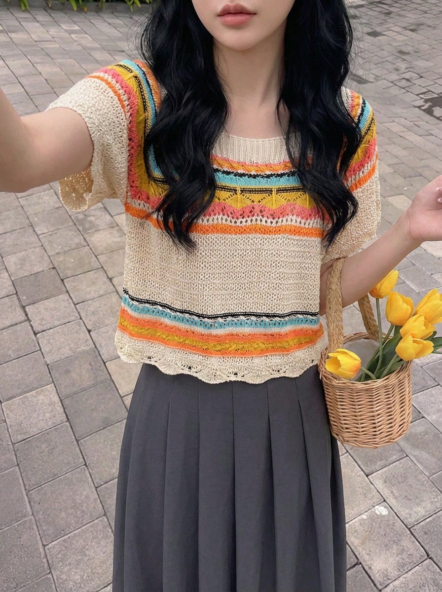 Rikumo 女士休闲活力条纹方领短袖套头衫，夏冬款 - 彩色 - 查看 1