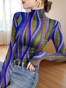 2024 New Spring/Autumn Women Printed Long Sleeve T-Shirt, Slim Fit Mock Neck Casual Undershirt - Multicolor - View 2